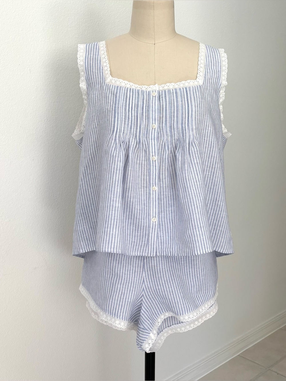 J.Crew Lace-Trim Camisole Pajama Short Set NWT Linen Blend Striped Blue White XL - Picture 2 of 10